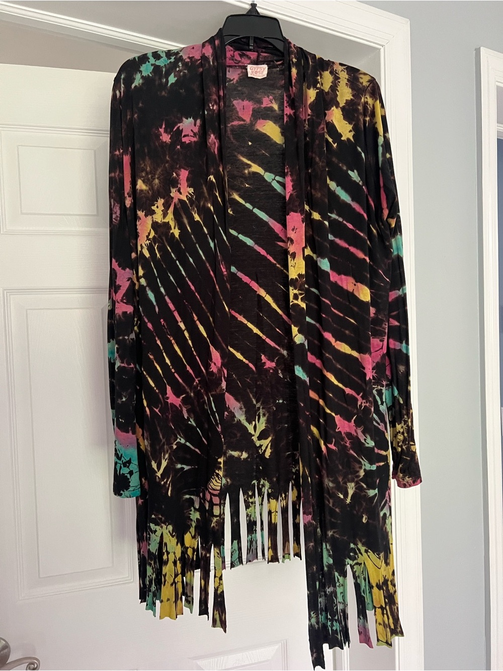 Gypsy Rose Fringed Tie-Dye Open Front Jacket - Black Multi